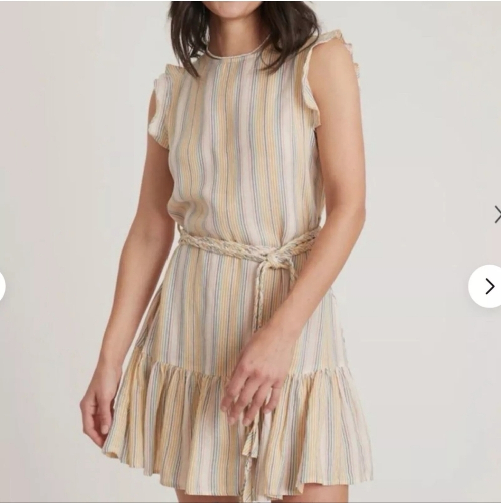 Marine Layer Laney Mini Dress Beachy Stripe V2 Ruffled Tiered Tencel Linen S NWT